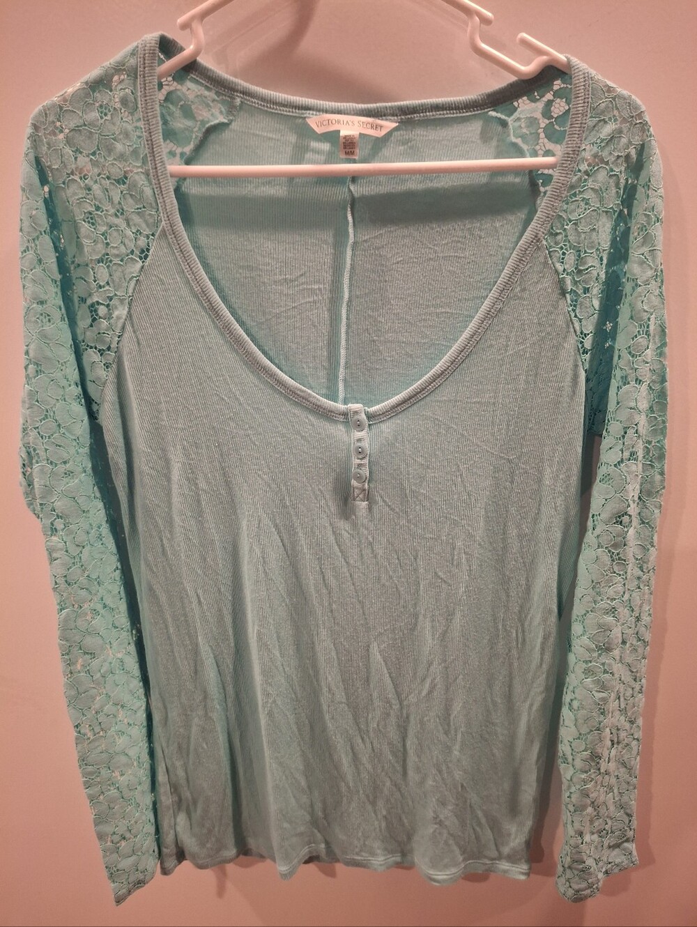 Victoria's Secret Mint Green Lace-Sleeve Long Sleeve Henley Tee